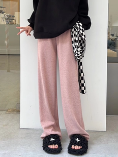 巴卜Studio粉色灯芯绒长裤直筒阔腿裤针织坑条垂感高腰拖地裤