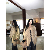 巴卜Studio 环保皮草上衣 奶茶色狐狸毛外套女秋冬新款 保暖中长款