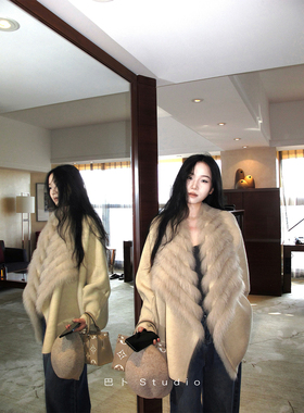 巴卜Studio 奶茶色狐狸毛外套女秋冬新款保暖中长款环保皮草上衣