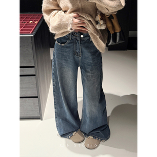 巴卜Studio 通勤高腰牛仔裤女秋百搭宽松休闲直筒裤显瘦遮肉长裤