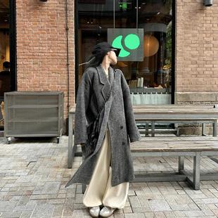 巴卜Studio灰色双面羊绒大衣女冬季新款百搭宽松中长款过膝外套