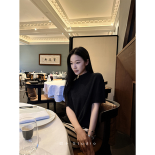 巴卜Studio 黑白两色针织短袖上衣女简约宽松百搭圆领套头t恤