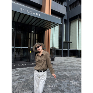 军绿色口袋衬衫 冬百搭长袖 上衣女秋季 款 衬衣外套 新款 巴卜Studio