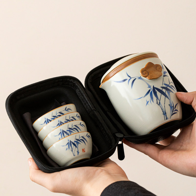 汝窑旅行茶具套组可携式高端汝瓷快客杯户外茶具个人专用功夫茶杯