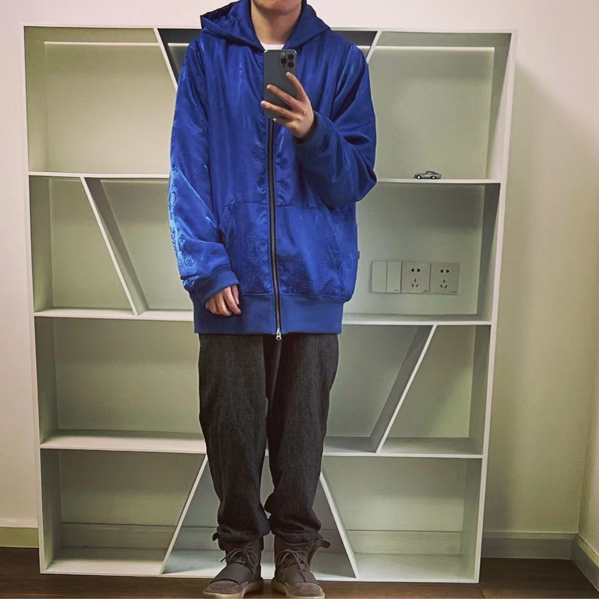 BTTJOB  CHINESE JACKET HOODIE陈冠希蓝丝绸连帽卫衣丝绵内胆棉