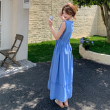 花边拼接蓝色无袖背心连衣裙女夏2025新款显瘦长裙减龄超火巨好看，女装连衣裙，浙宝180A