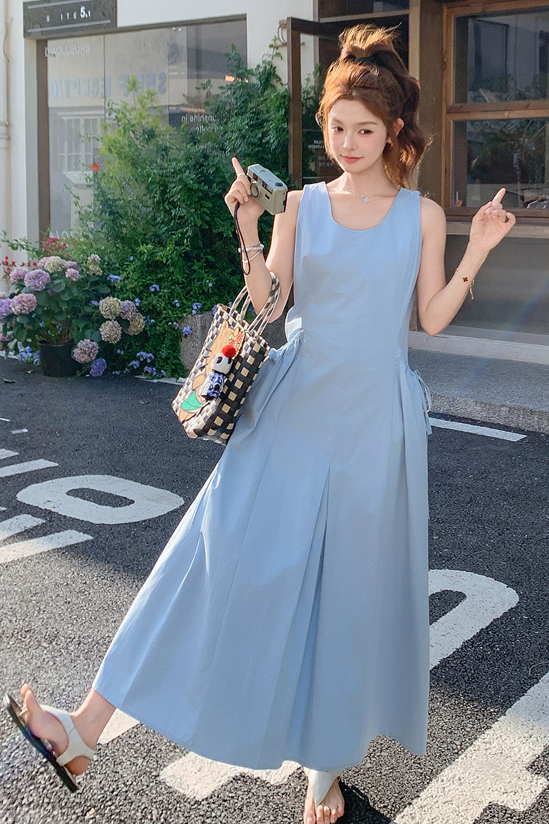 休闲法式气质蓝色无袖背心连衣裙女夏2025新款长裙显瘦高级不撞款,女装连衣裙,浙宝180A