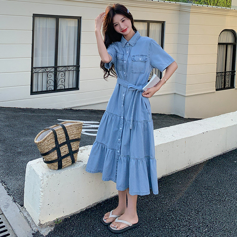 浅蓝色轻薄短袖牛仔连衣裙女2025夏季新款复古收腰显瘦a字衬衫裙,女装连衣裙,浙宝180A