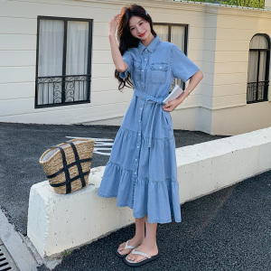 浅蓝色轻薄短袖牛仔连衣裙女2025夏季新款复古收腰显瘦a字衬衫裙图片