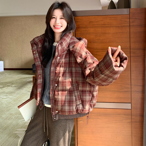 新款现货！格子连帽短款羽绒服复古浙宝180A/货号M051/P325/K488图片
