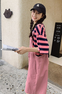 粉色条纹T恤背带短裤两件套女2023夏新款韩版学院风休闲减龄套装图片