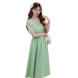 温柔风绿色方领连衣裙女夏2022年新款茶歇法式仙女泡泡袖初恋裙子，女装连衣裙，浙宝180A