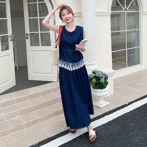 现货！25年新法式蕾丝拼接牛仔套装浙宝180A/货号1906/p165控238图片