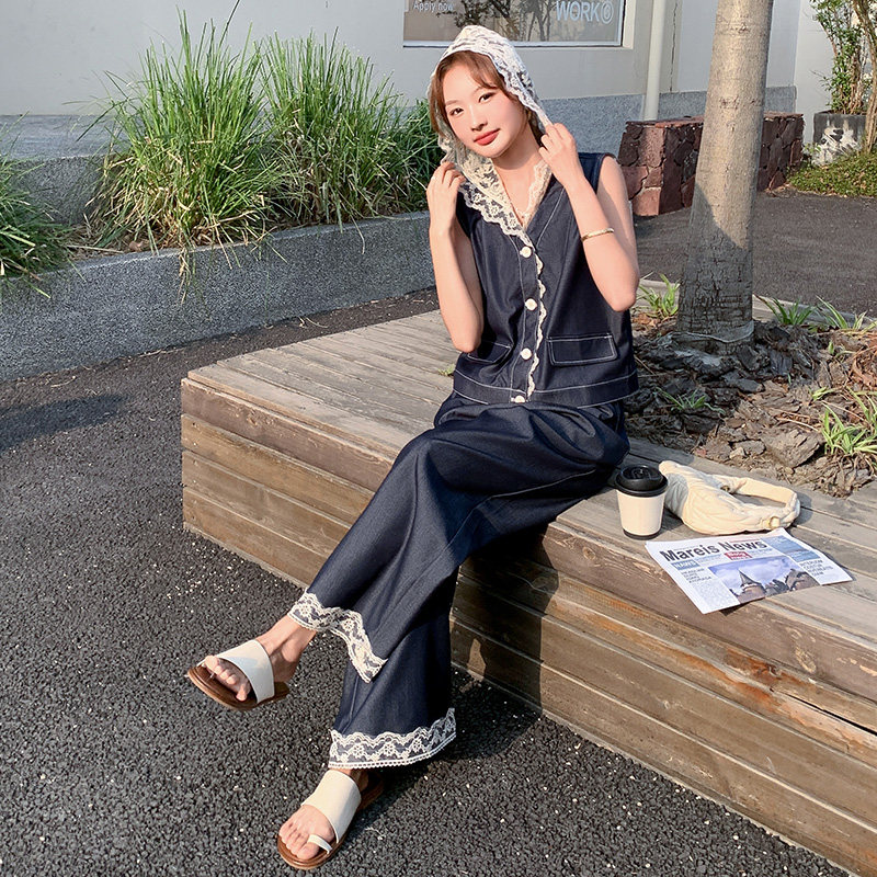 蕾丝拼接牛仔马甲套装女2025超火ootd穿搭减龄高级感阔腿裤两件套,女装套装/套裙,浙宝180A