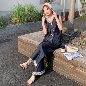 蕾丝拼接牛仔马甲套装女2025超火ootd穿搭减龄高级感阔腿裤两件套图片