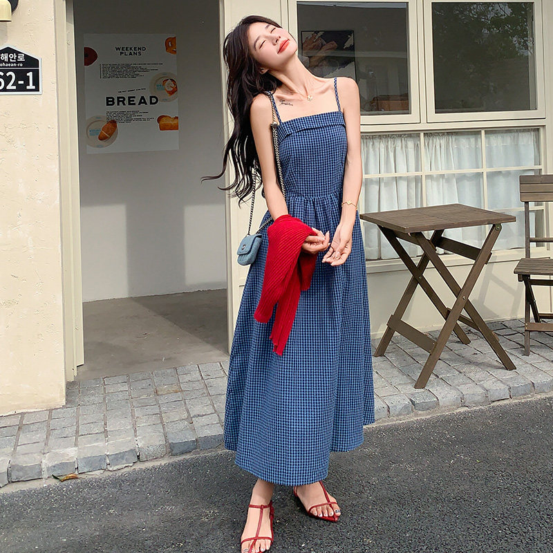 格子吊带连衣裙外搭开衫两件套女2025夏季新款显瘦遮肚裙子套装,女装连衣裙,浙宝180A