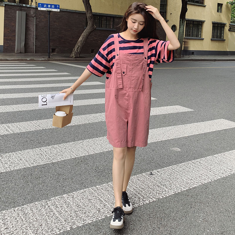 粉色条纹T恤背带短裤两件套女2023夏新款韩版学院风休闲减龄套装,女装套装/套裙,浙宝180A