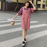 粉色条纹T恤背带短裤两件套女2023夏新款韩版学院风休闲减龄套装，女装套装/套裙，浙宝180A