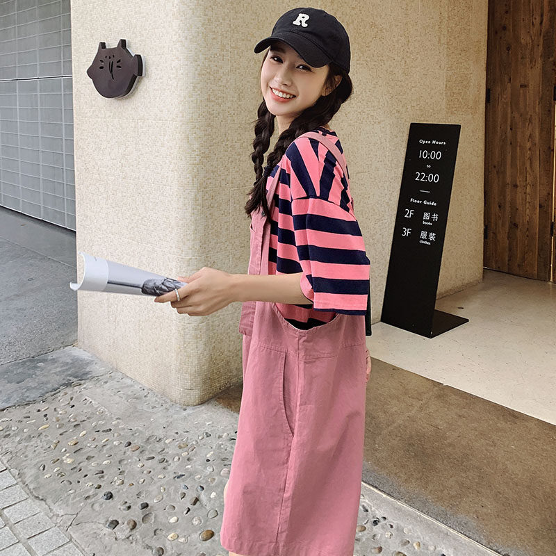 粉色条纹T恤背带短裤两件套女2023夏新款韩版学院风休闲减龄套装,女装套装/套裙,浙宝180A