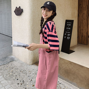 粉色条纹T恤背带短裤两件套女2023夏新款韩版学院风休闲减龄套装图片