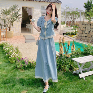 蕾丝拼接泡泡袖半身裙套装女夏2025新款独特绝美显瘦两件套氛围感图片