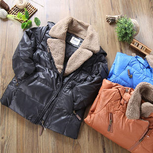 4折!男童亮面棉服儿童羊羔毛领斜拉链羽绒棉衣中大童保暖小棉袄