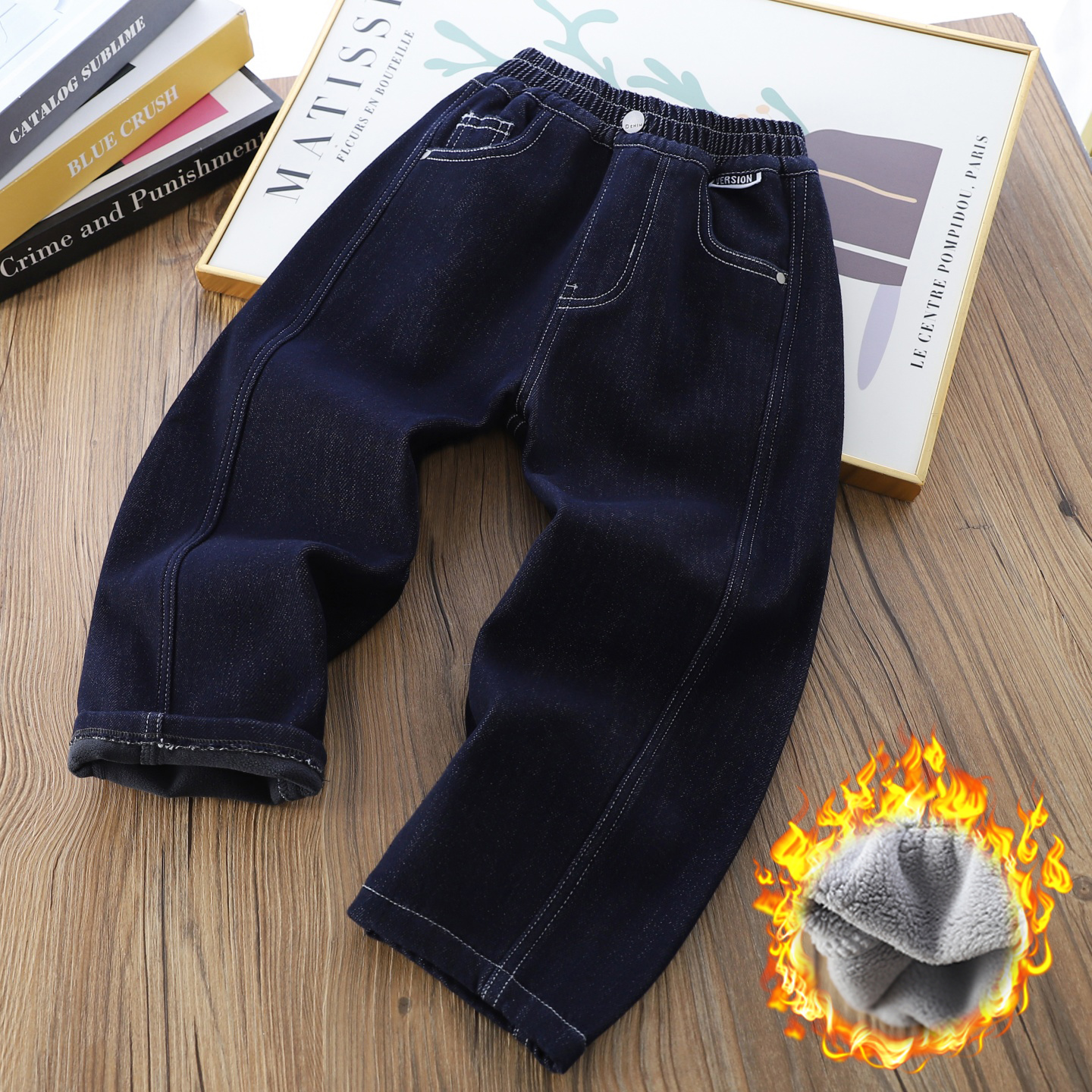 男童原色一体绒帅气百搭牛仔裤