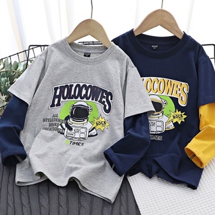 儿童太空人假两件潮上衣儿童圆领t打底衫 男童百搭长袖 T恤2024春装