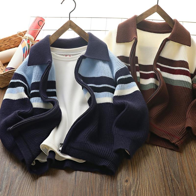 男童秋冬季翻领针织外套2024新款儿童百搭毛衣上衣中大童洋气开衫