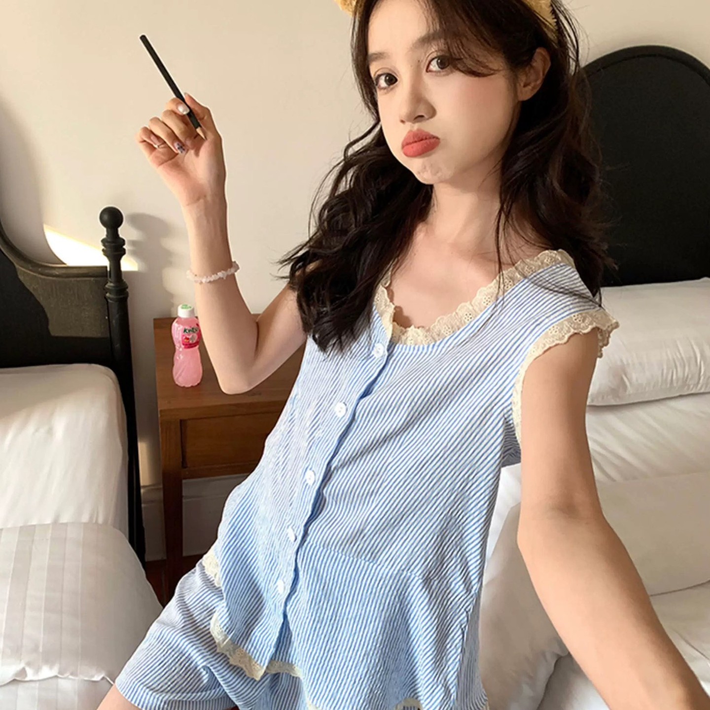 条纹花边睡衣女夏季公主风纯棉无袖背心短袖套装夏天可外穿家居服