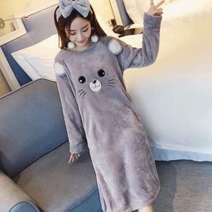 2025年新款秋冬季珊瑚绒睡裙女甜美卡通连衣裙法兰绒加厚保暖睡裙
