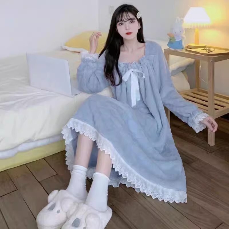 珊瑚绒睡裙女秋冬季加绒加厚网红学生法兰绒冬天保暖连衣裙家居服