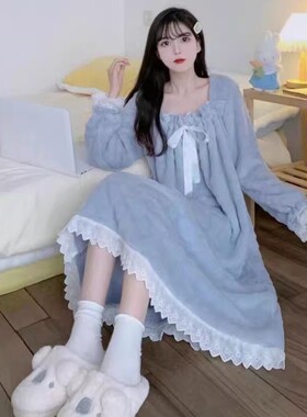 珊瑚绒睡裙女秋冬季加绒加厚网红学生法兰绒冬天保暖连衣裙家居服