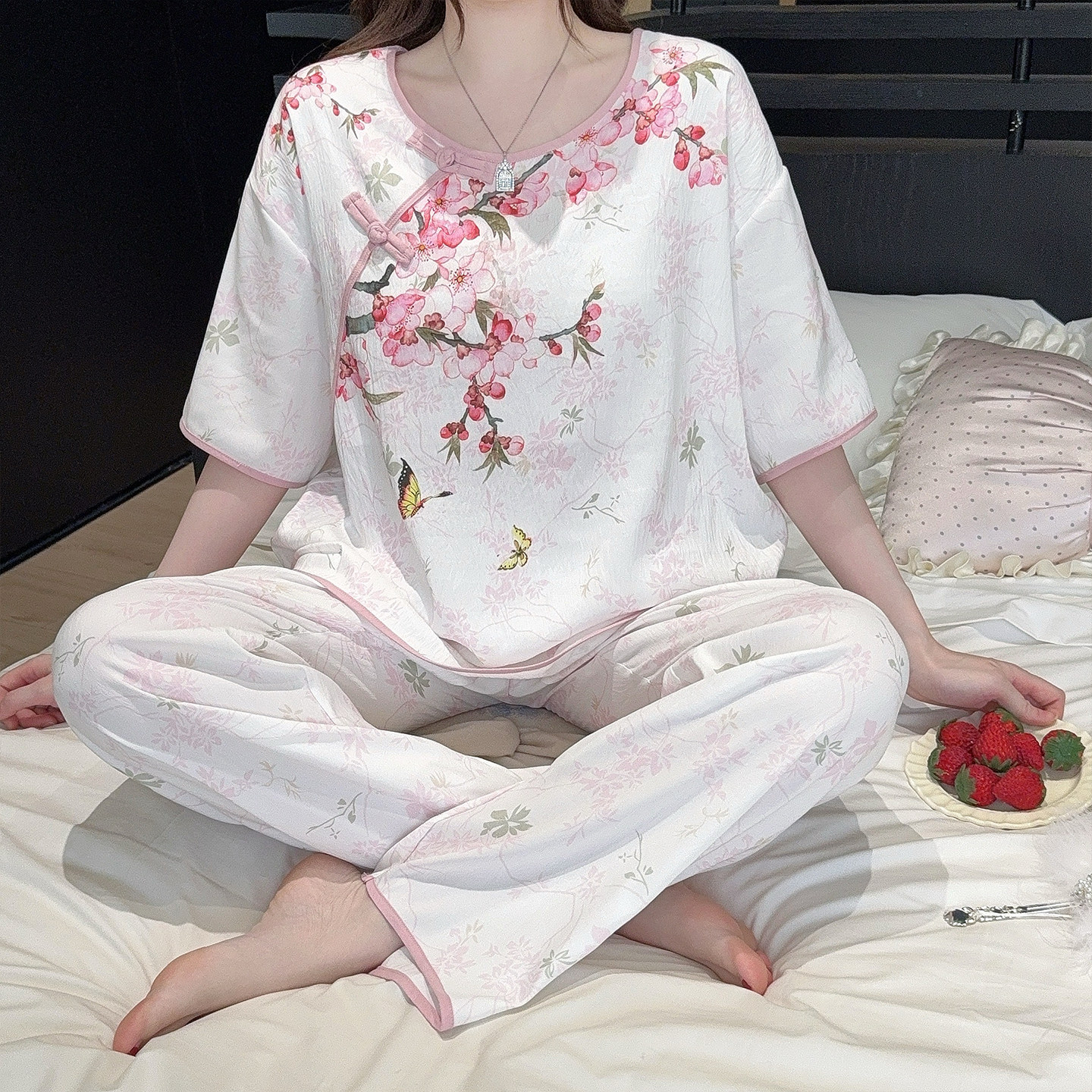 国风云朵棉绸睡衣女夏季复古印花中袖空调服家居服新中式凉感套装