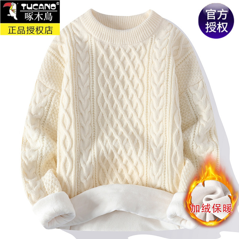 啄木鸟圆领冬季毛衣男加绒加厚毛线衣情侣帅气麻花宽松保暖针织衫
