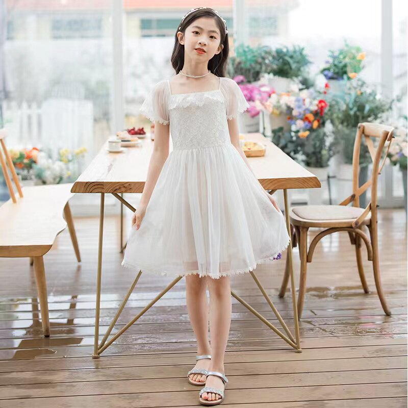 女童连衣裙白色蓬蓬纱裙2024夏季蕾丝花边儿童公主裙演出大童裙子