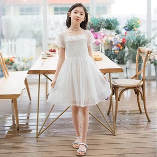 女童连衣裙白色蓬蓬纱裙2024夏季蕾丝花边儿童公主裙演出大童裙子