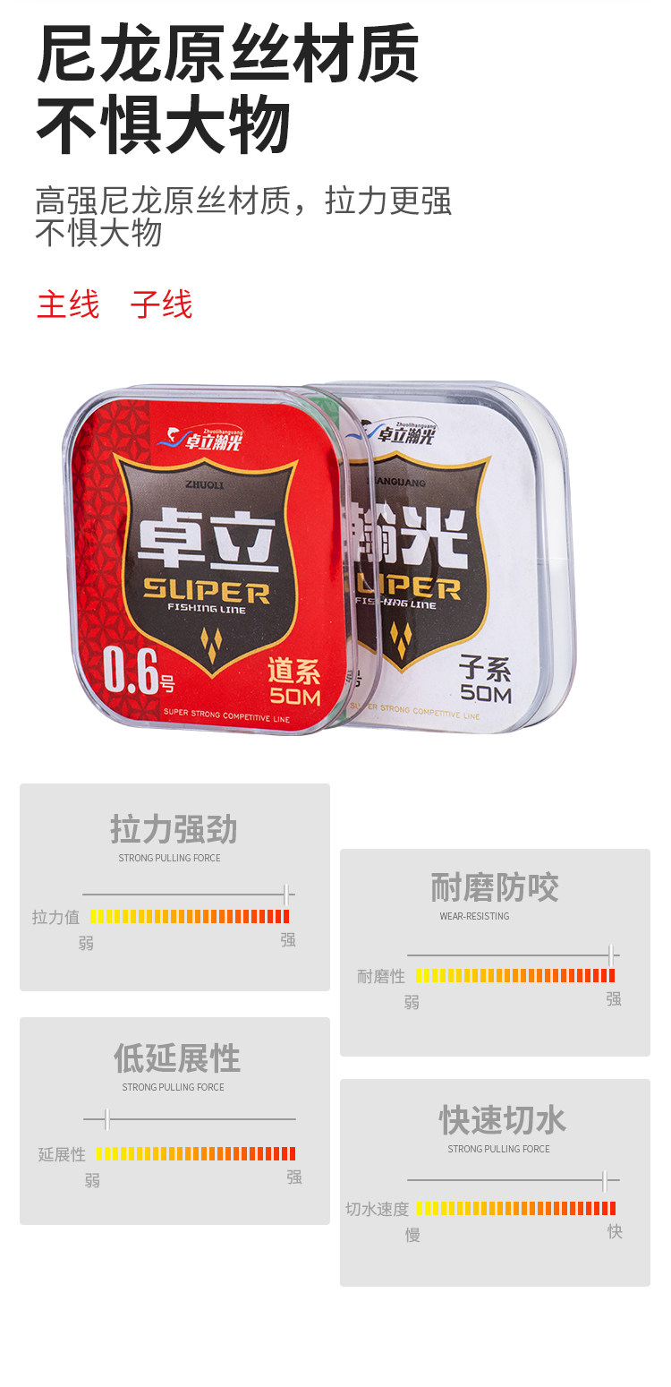 卓立瀚光高强度尼龙鱼线主线子线拉力值大不涨号