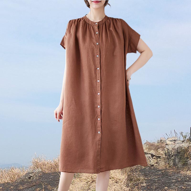 服装裁剪亚麻文艺复古圆领连衣裙纸样女装衬衫裙宽松百搭袍子样板