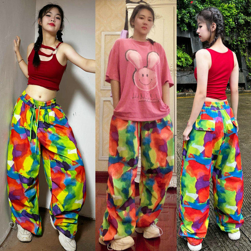 松紧抽绳酷飒风宽大跳舞裤子