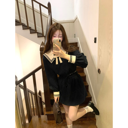 桃可了 海盐呼吸 磨毛海军风上衣女+百搭松紧抽绳半身裙套装秋季