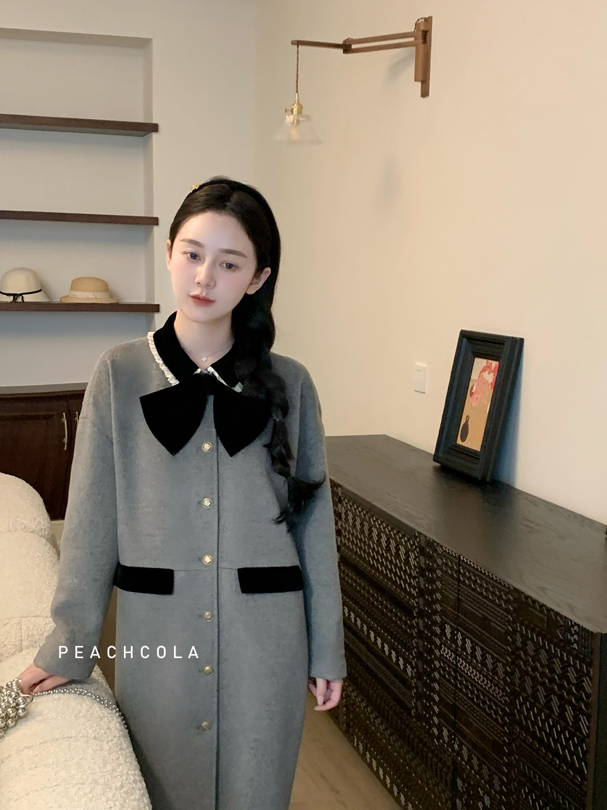 桃可了◆《半盏星》复古灰色羊毛小个子毛呢大衣外套女秋冬中长款
