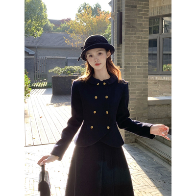 桃可了 东京旧梦 昭和风显瘦羊毛毛呢外套女+高腰毛呢半裙套装冬