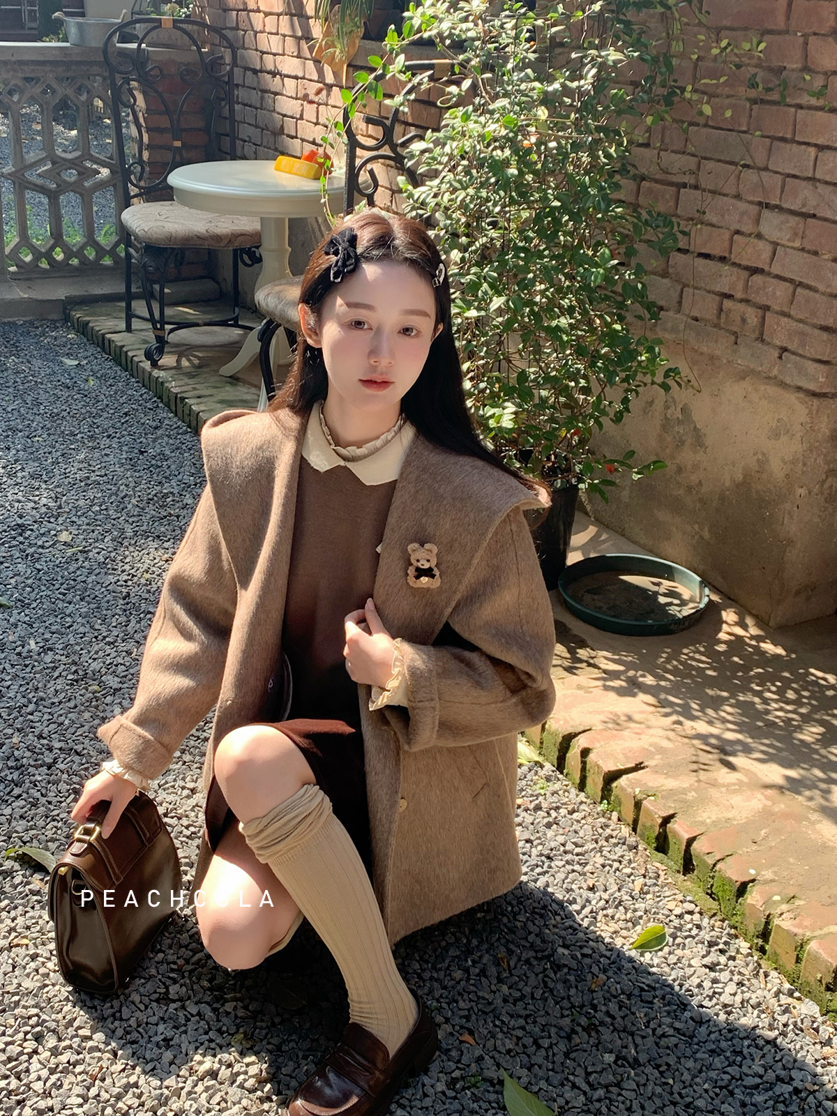 桃可了◆《棕栗循环》连帽双面呢小个子毛呢大衣外套秋冬女短款