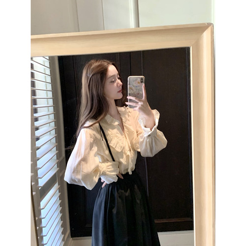 桃可了 松影覆雪 不对称提花长袖全棉衬衫女秋季肩带半身裙套装