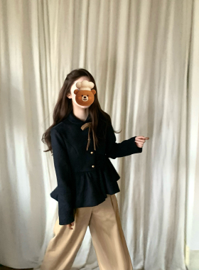桃可了 未闻海雾 日系古着藏蓝色设计感保暖羊毛毛呢外套女冬季