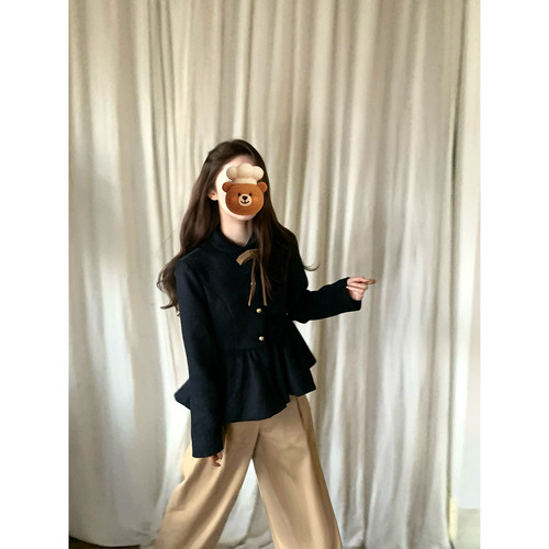 桃可了 未闻海雾 日系古着藏蓝色设计感保暖羊毛毛呢外套女冬季