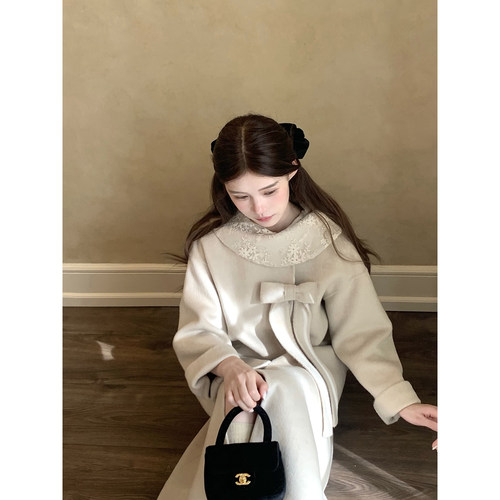 桃可了 奶沫绵音 刺绣领面蝴蝶结双面呢长款羊毛呢毛呢大衣女冬