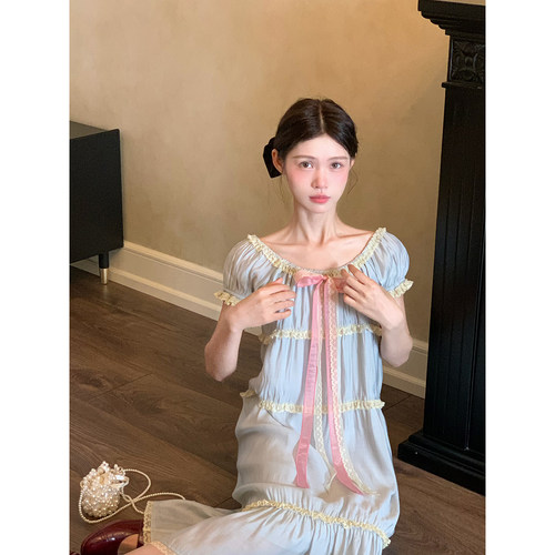 桃可了《小宝石洋服》浅浅蓝莱赛尔松紧连衣裙可爱减龄蕾丝中长裙