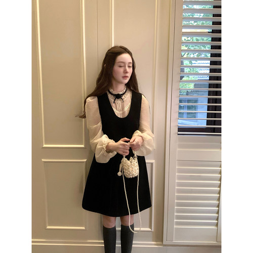 桃可了 维多利亚 宫廷风长沙衬衣女+腰部可调节高腰连衣裙两件套